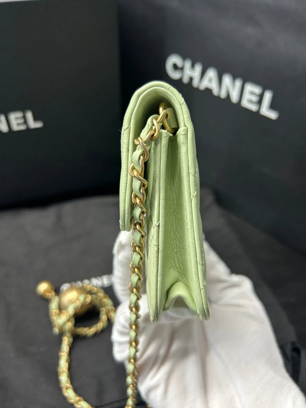 CHANEL Green Gold Ball Mini Square Chain Crossbody Bag For Women