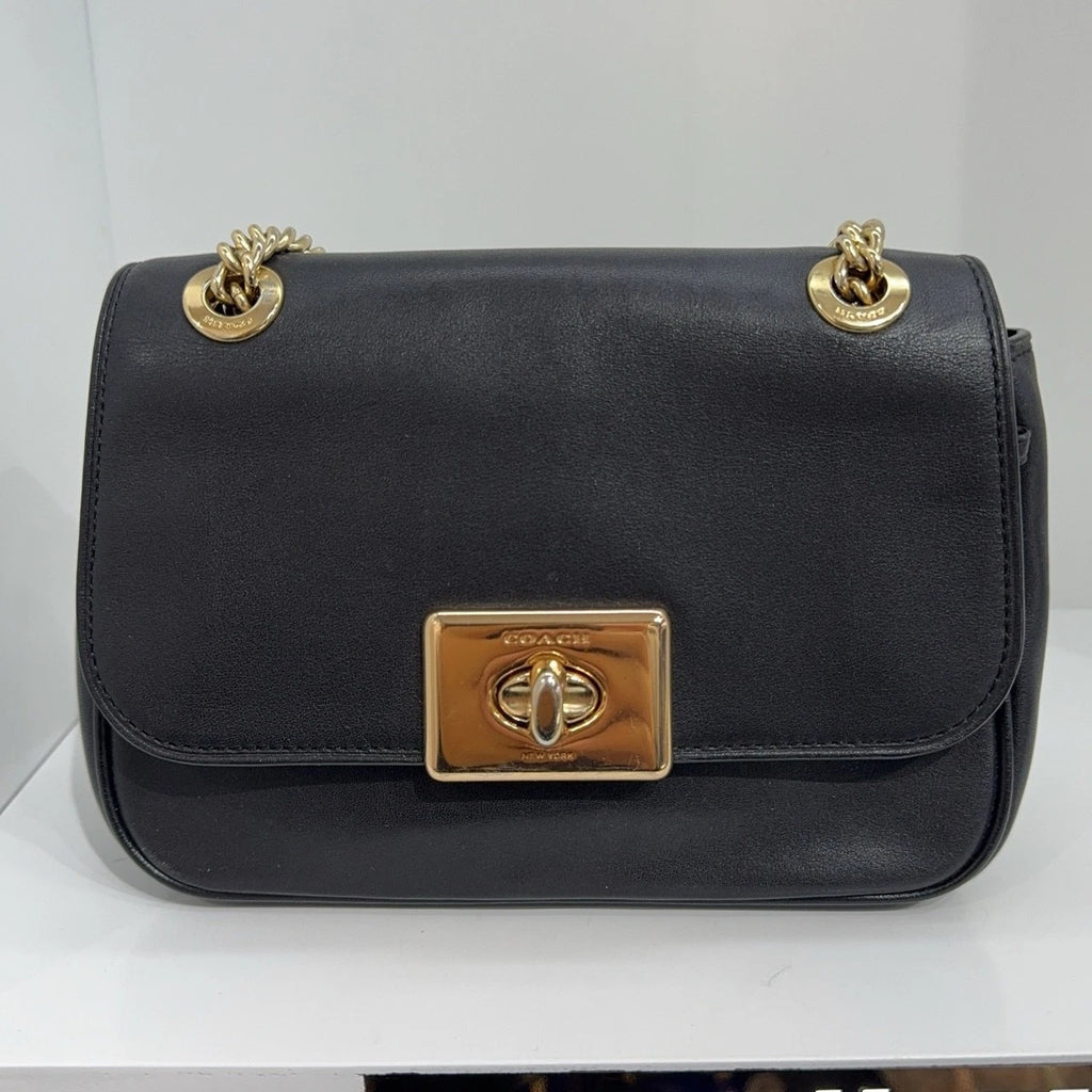Coach Black Leather Chain Shoulder Crossbody Bag For Women