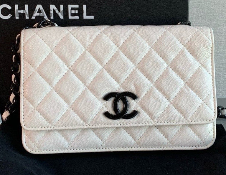 Chanel 21C WOC Calfskin Leather Diamond Pattern Chain Shoulder Bag Black White