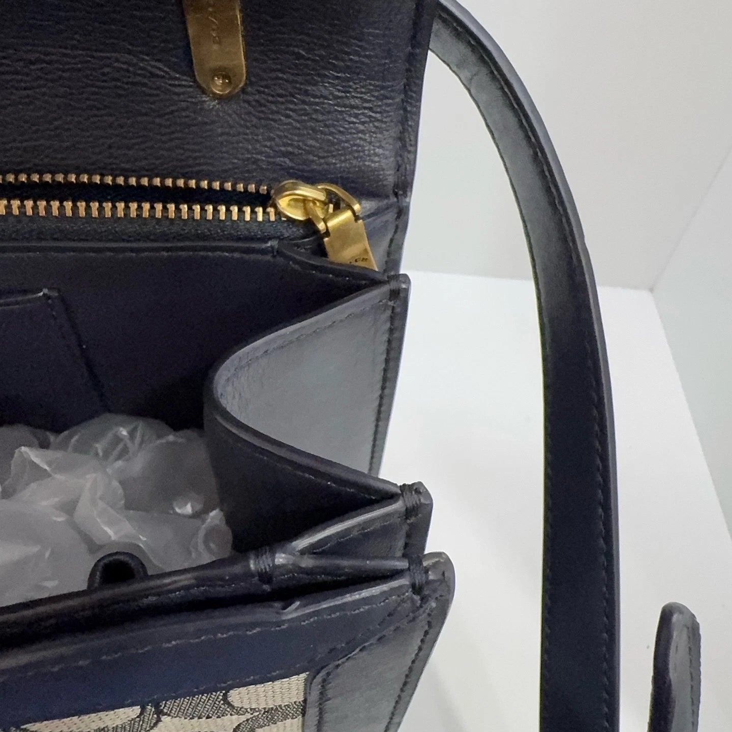 COACH Alie 23 Canvas Leather Monogram Shoulder Crossbody Bag Women Navy