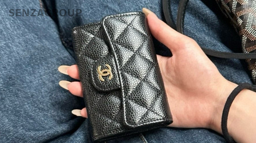 CHANEL Classic Flap Black gold litchi cowhide card case Coin purse women