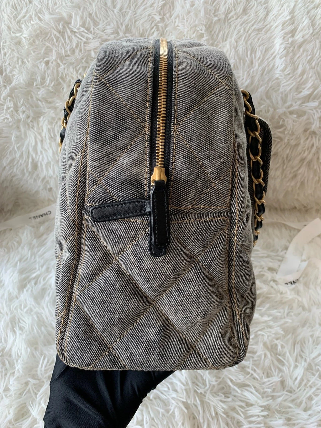 Chanel Distressed Grey Denim Maxi Bowling Bag For Women