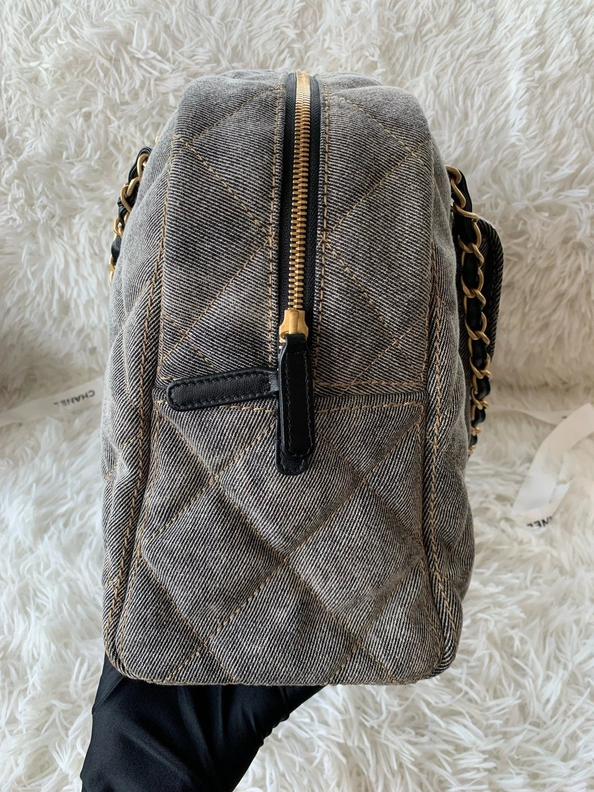 Chanel Distressed Grey Denim Maxi Bowling Bag For Women