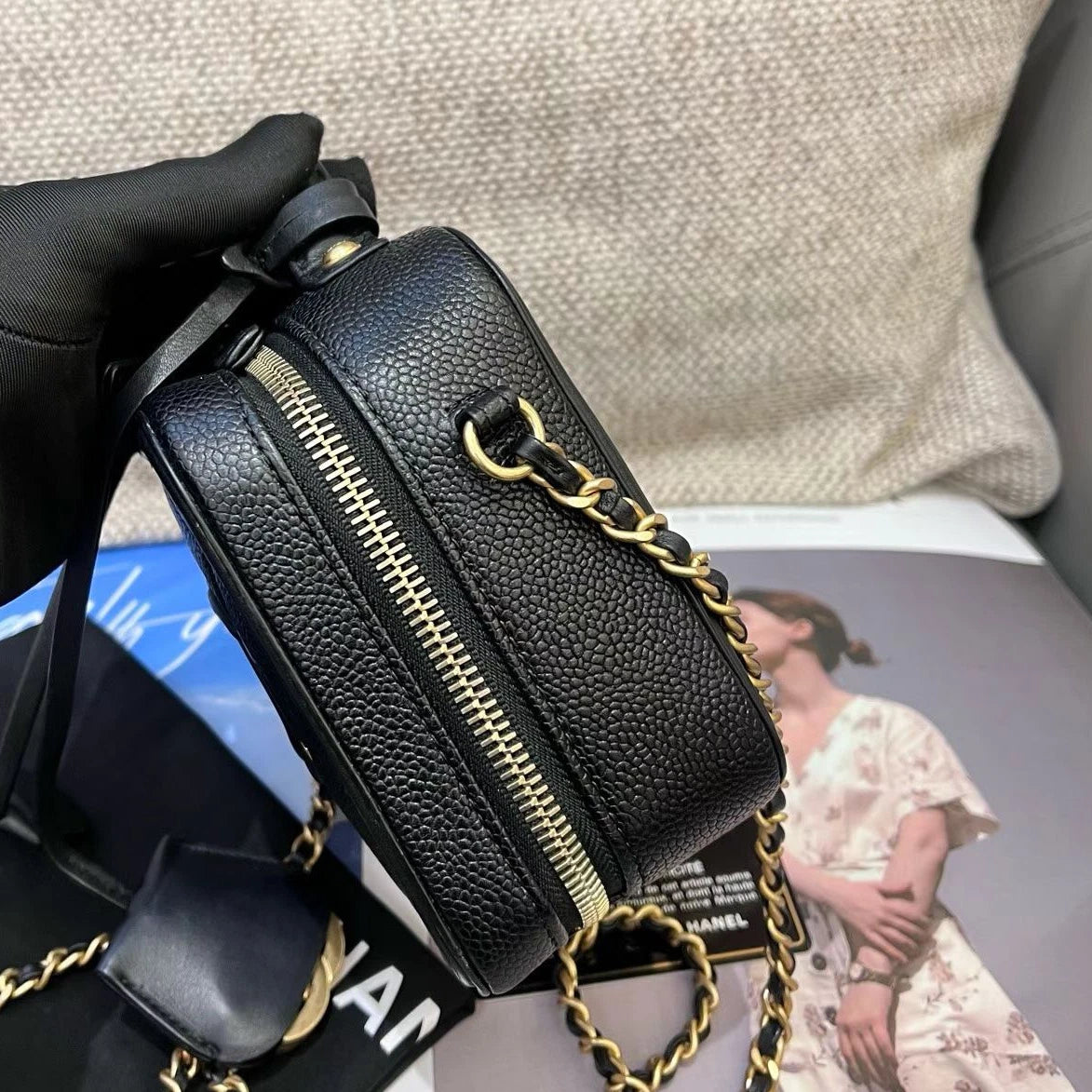 Chanel Vanity Case PM Chain Top Handle Crossbody Black Gold Women Diamond