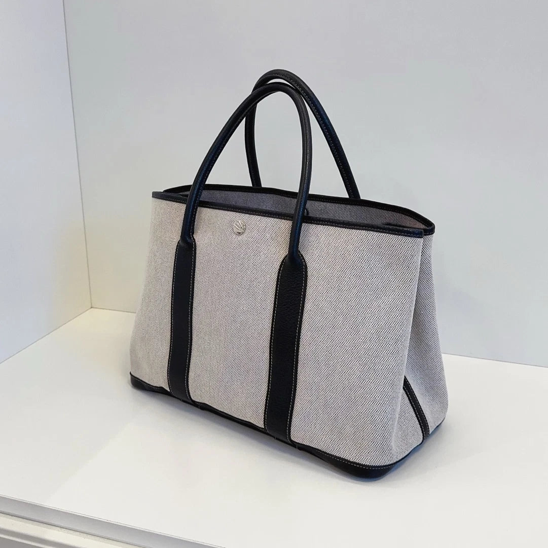 Authentic Hermes Garden Party36 Tote Top Handle Bag Black and White