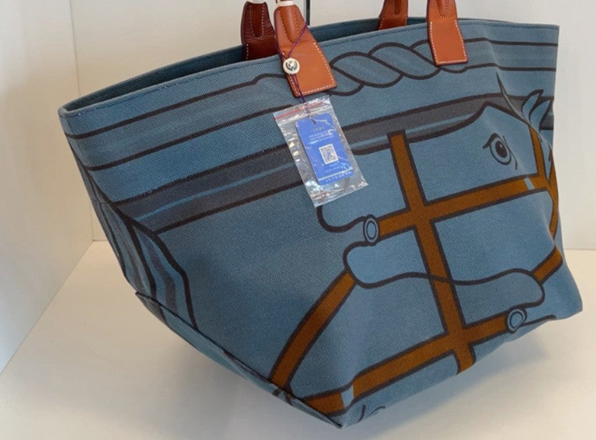 Hermes Steeple Canvas Handbag Blue Used Women Designer Classic