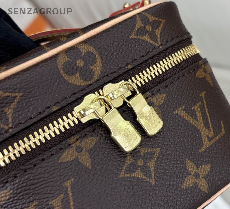 Louis Vuitton Monogram Nice Nano Top Handle Bag Chain Crossbody Brown Women