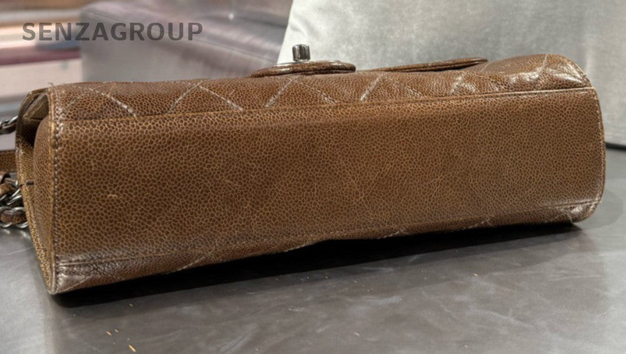 Chanel Classic Flap PM Calfskin Chain Shoulder Bag Crossbody Brown Silver Women