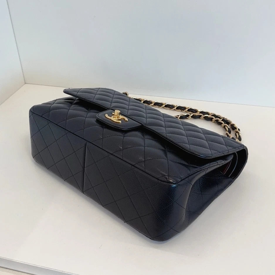 Chanel Classic Flap Jumbo Chain Shoulder Crossbody Black Gold Women Diamond