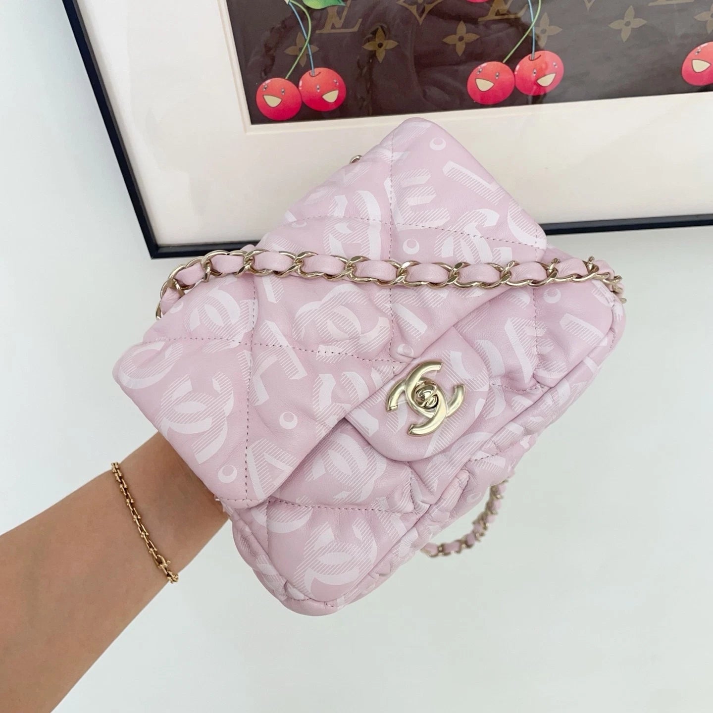 Chanel Puffy Square Flap Bag Crossbody &amp; Shoulder Bag Light Pink