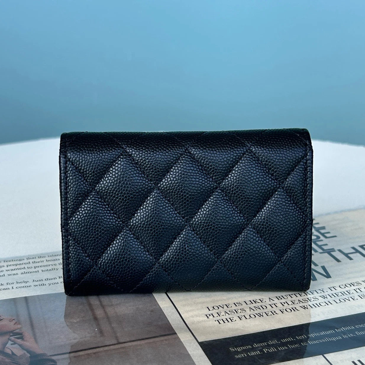 Chanel Calfskin Diamond Wallet Black Silver Women Classic