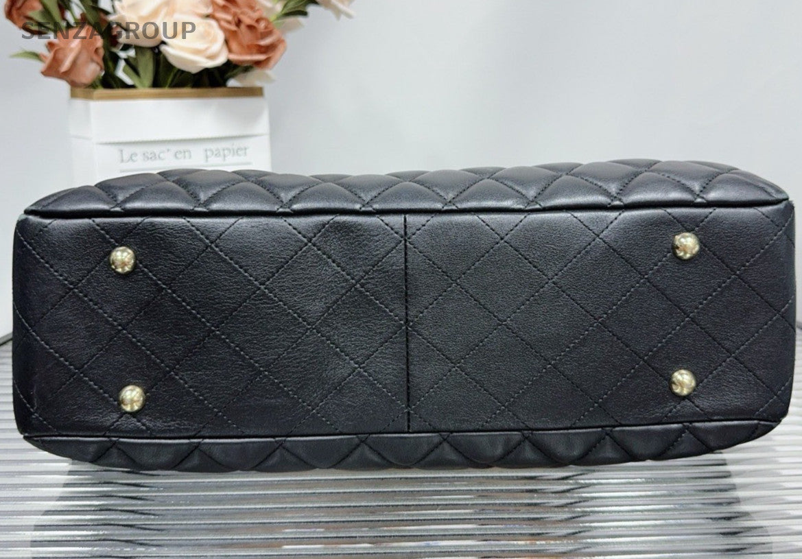 Chanel GST Calfskin Tote Chain Shoulder Bag Black Gold Women Classic Diamond