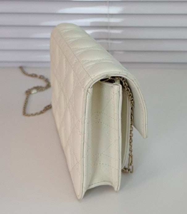Christian Dior Woc Lambskin Wicker check pattern Chain Shoulder bag White Gold