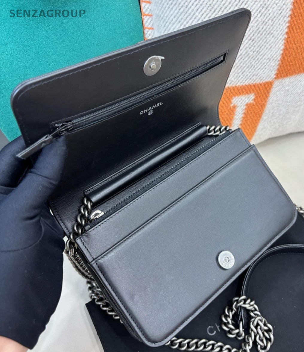 Chanel Leboy WOC Chain Calfskin Shoulder Bag Crossbody Black Silver Women