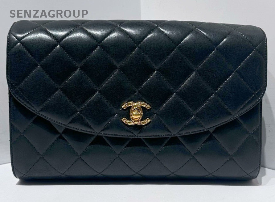 Chanel Classic Flap Lambskin Shoulder Bag Crossbody Black Gold Women