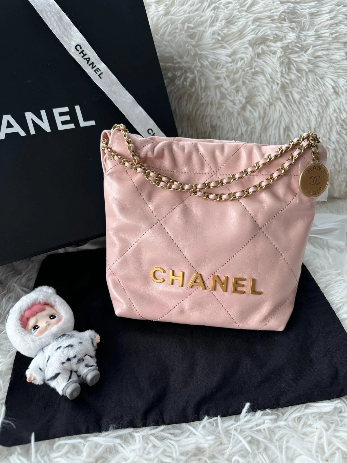 CHANEL 22bag Mini Light Pink Leather Shoulder Crossbody Women