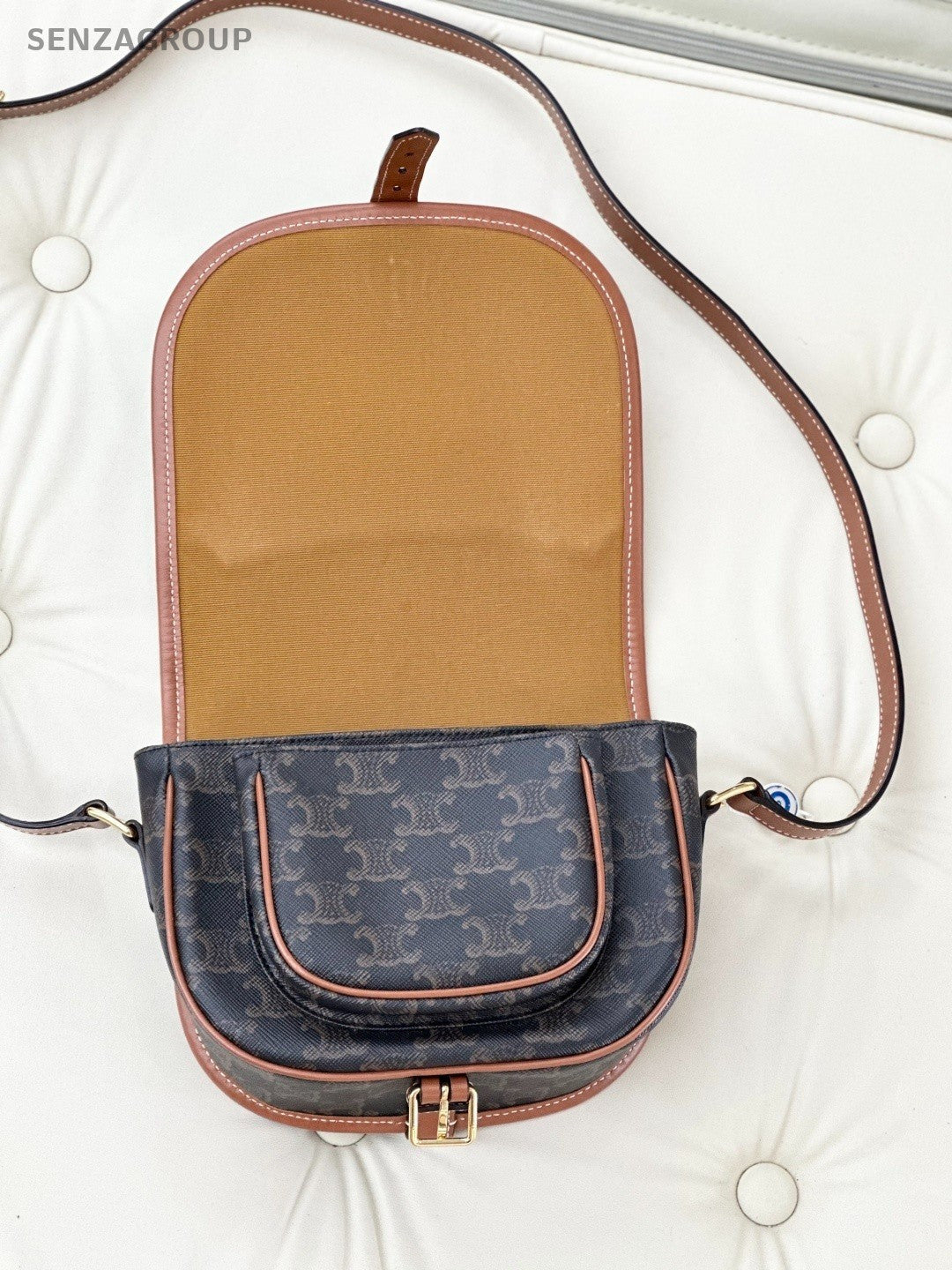 Celine Triomphe Canvas Calfskin Saddle Shoulder Bag Brown Almost Brand New