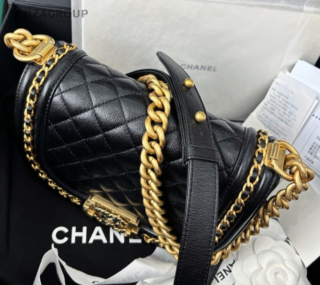 Chanel Leboy Calfskin Chain Shoulder Bag Black Gold Diamond Women Classic