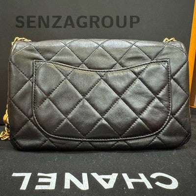 Chanel Classic Flap Quilted Lambskin Chain Shoulder Bag Black Gold