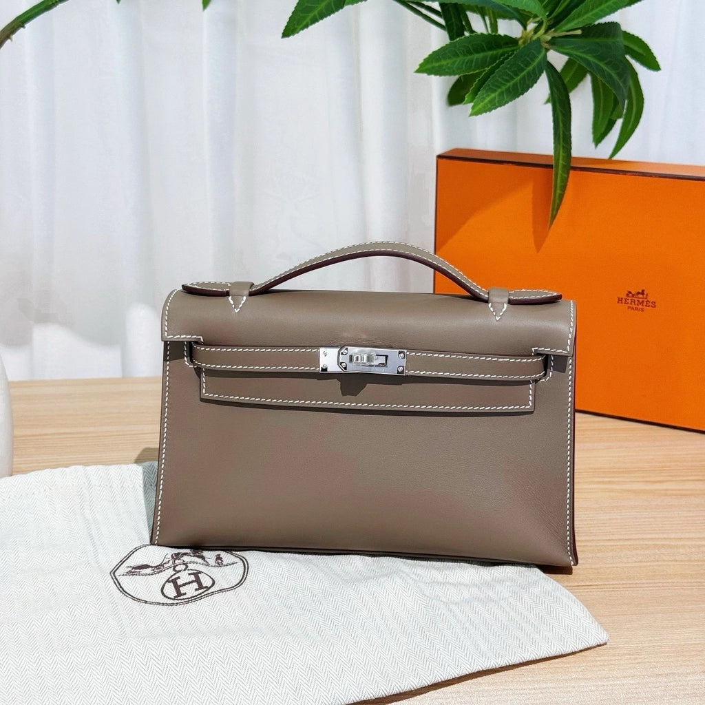 Hermes Minikelly Swift Leather Gray Silver Hardware Handbag For Women