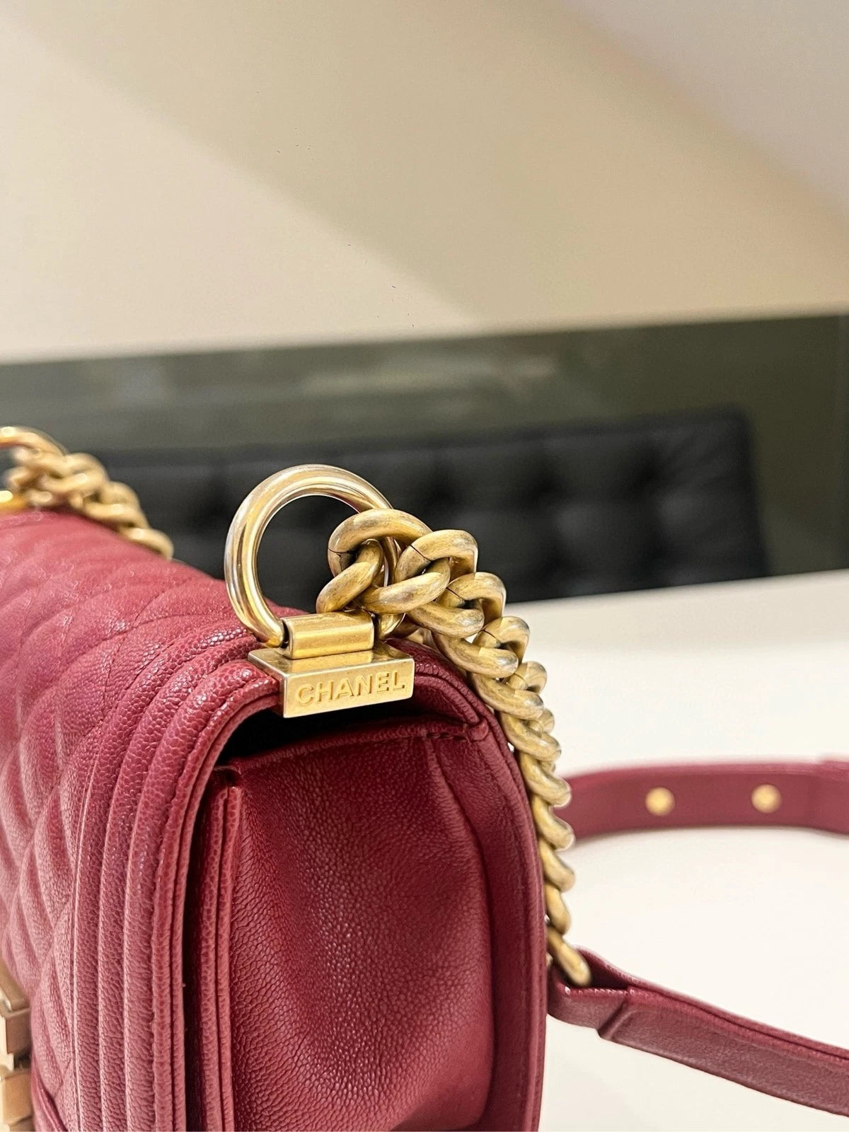 Chanel Le Boy Small Red Gold Chevron Quilted Chain Shoulder Bag