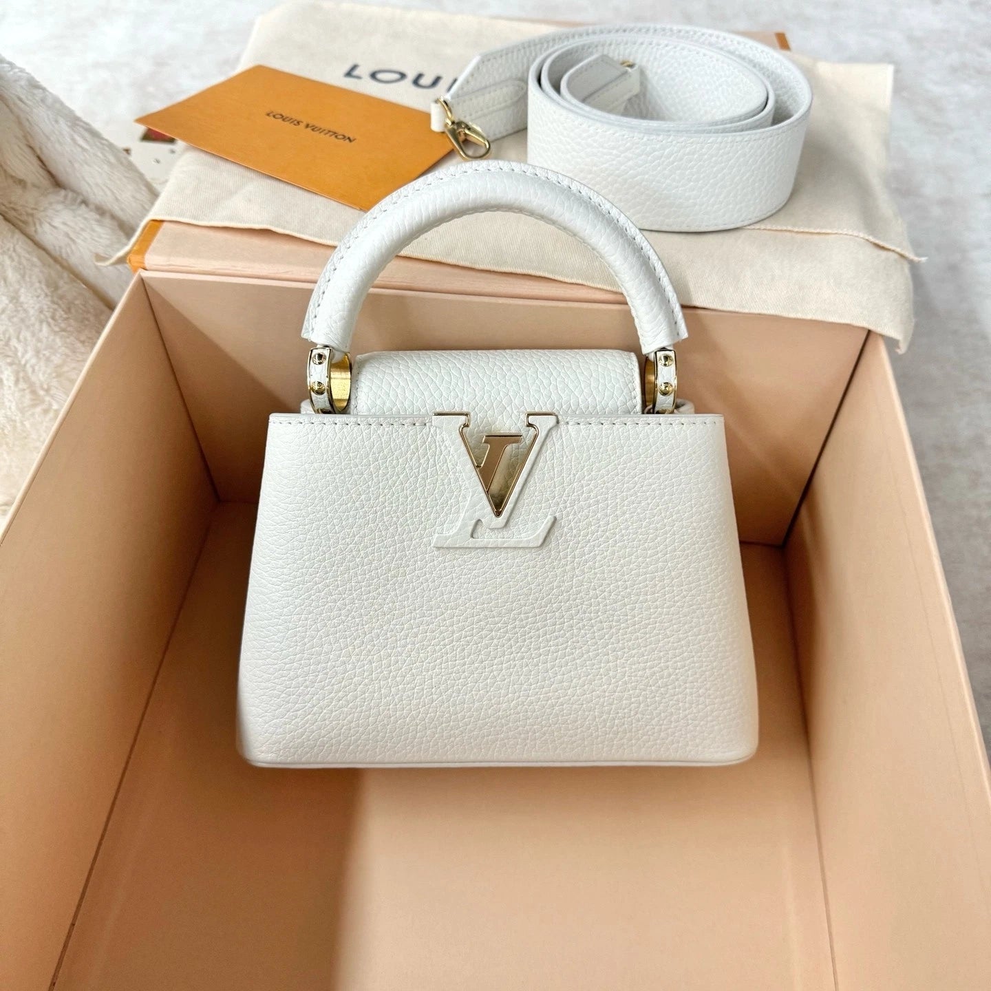 New Louis Vuitton Calfskin Capucines Mini Bag For Women White Gold
