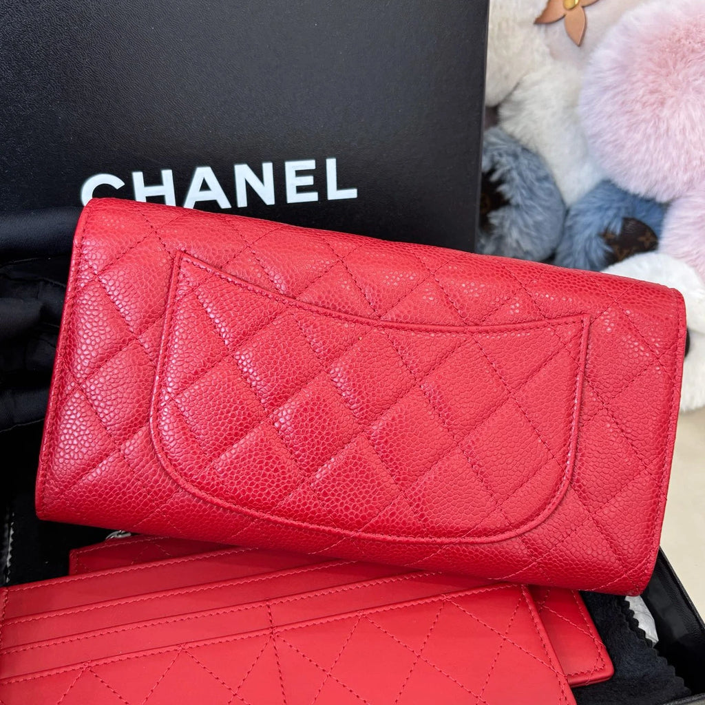 Chanel Calfskin Diamond Clutch Red Silver Women Classic