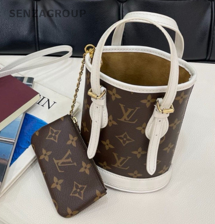 Louis Vuitton Monogram Nano Bucket Top Handle Bag Crossbody Brown Gold Women