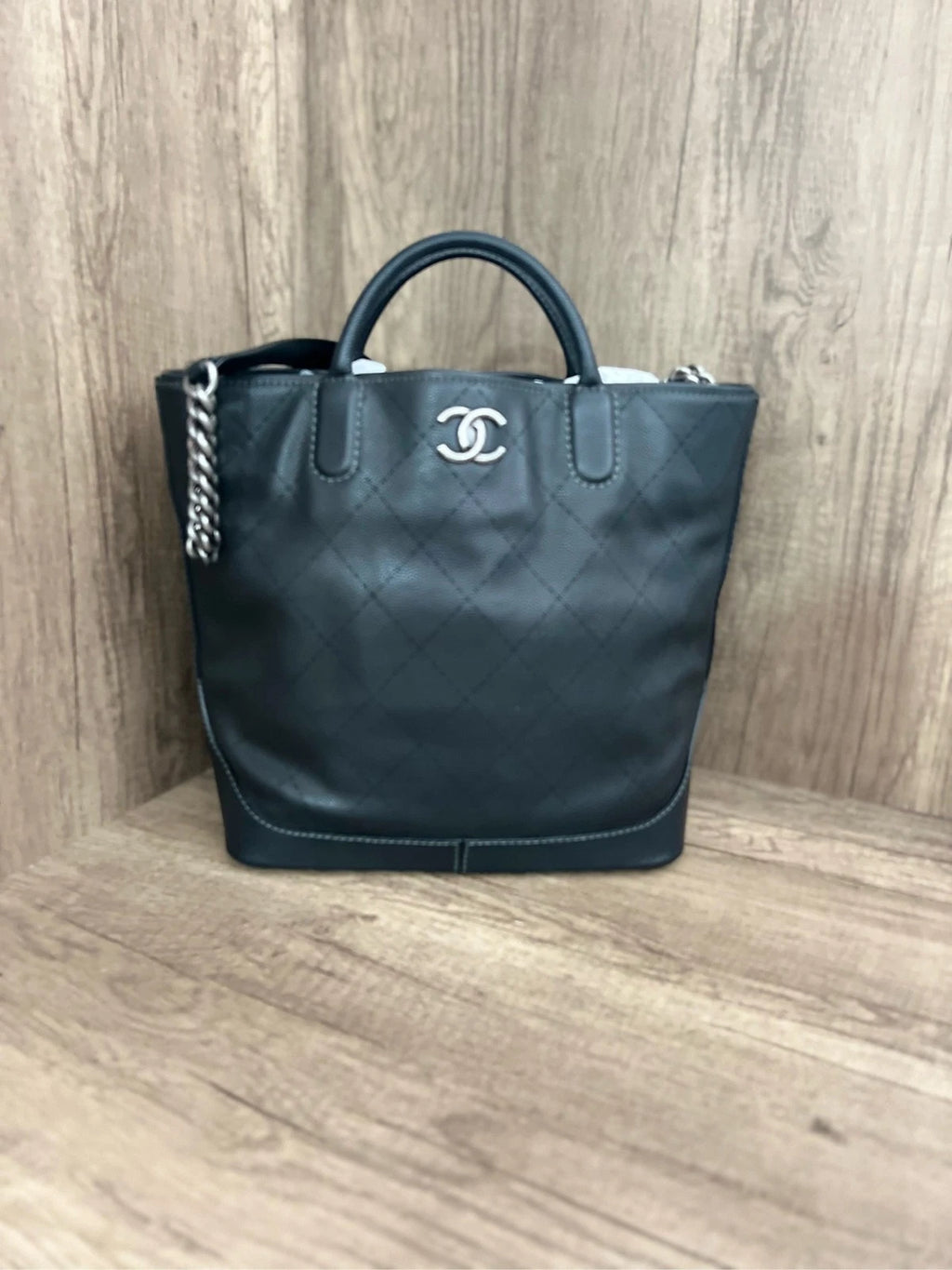 CHANEL Black Silver Quilted Chain Shoulder Tote Bag For Women