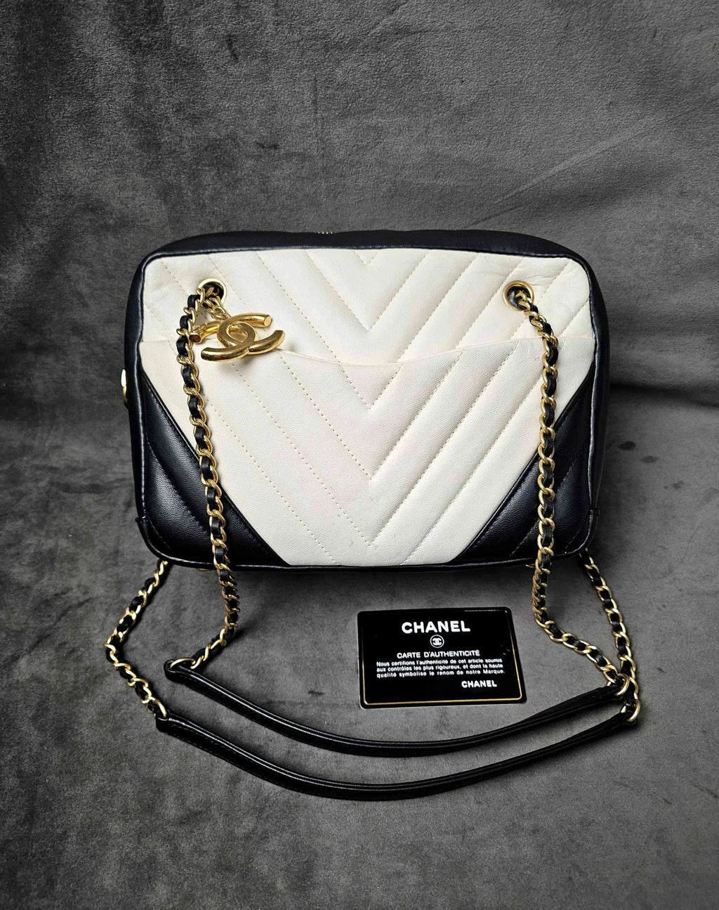 CHANEL Black White V Pattern Gold Button Camera Shoulder Bag Women