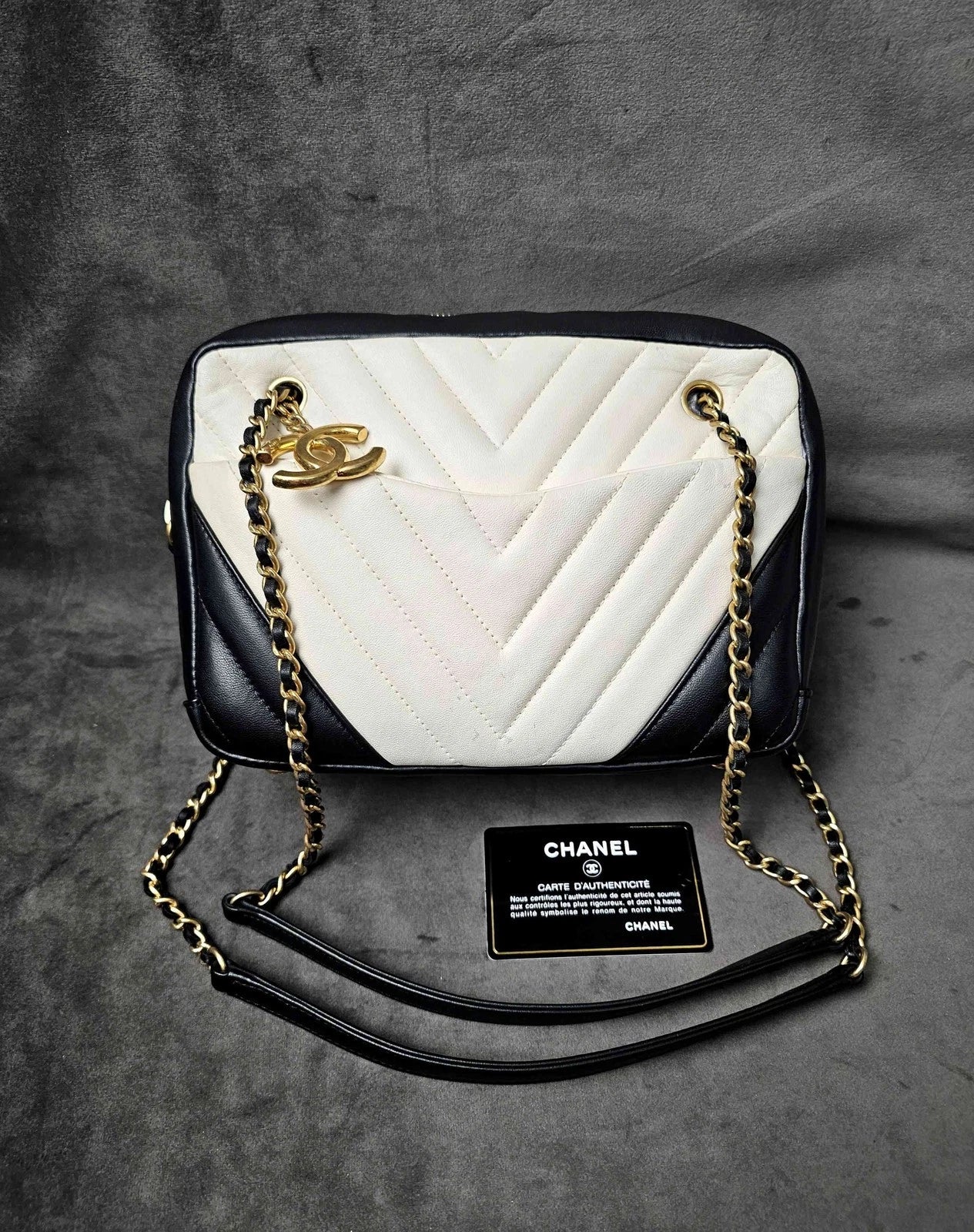 CHANEL Black White V Pattern Gold Button Camera Shoulder Bag Women