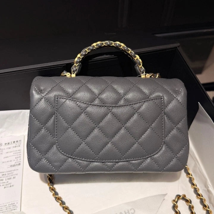 Chanel Classic Flap Mini CC Logo Calfskin Top Handle Shoulder Bag Gray Women D