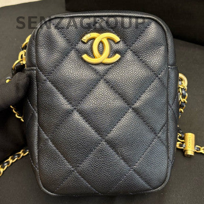 Chanel Classic Quilted Black Gold Camera Crossbody Bag Chain Strap