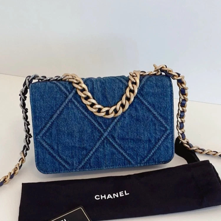 Chanel 19Bag WOC Denim Chain Top Handle Crossbody Blue Gold Women Classic
