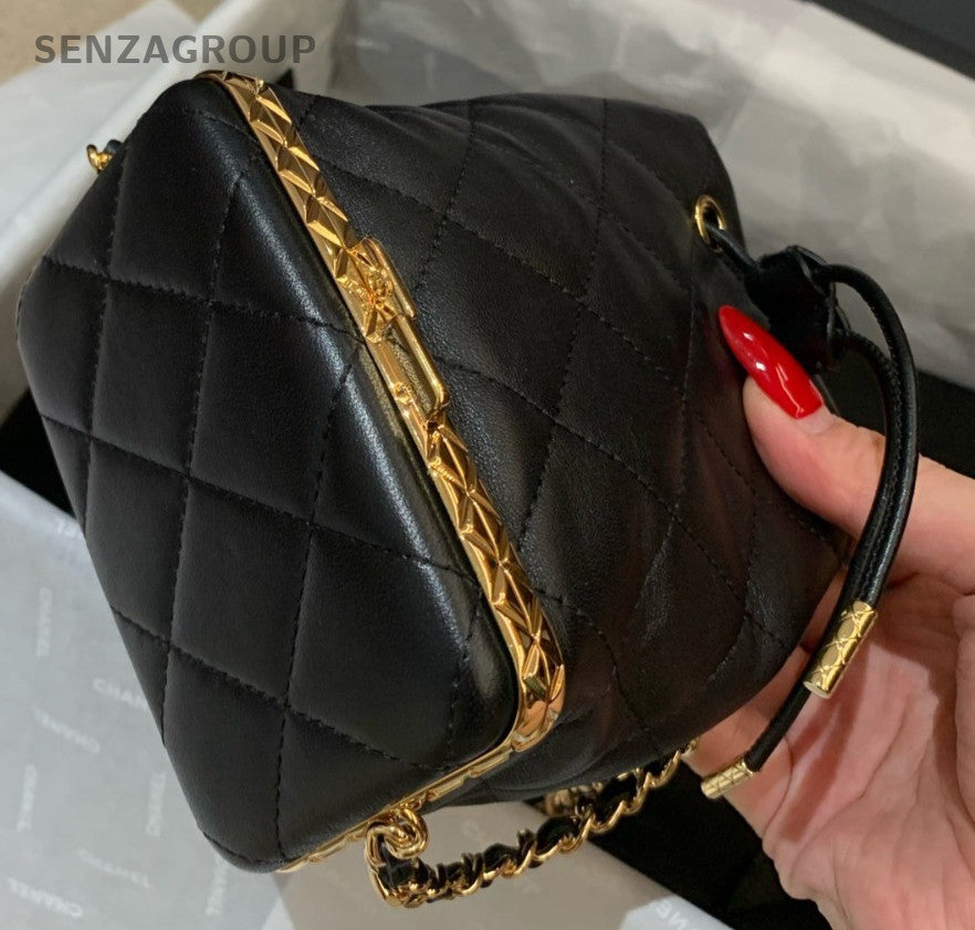 CHANEL Bucket Drawstring Lambskin Diamond Pattern Chain Shoulder bag Black Gold