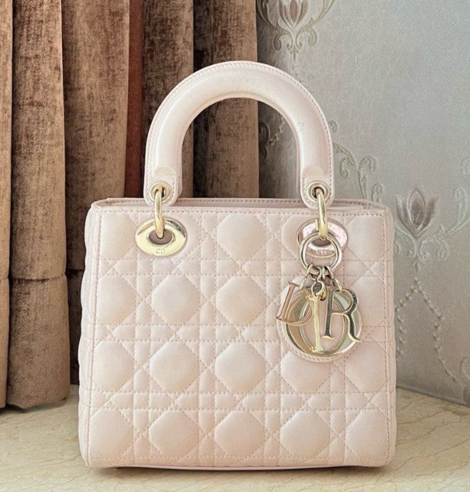 Christian Dior Lady PM Lambskin in Rose Pink with Wicker pattern Top Handle bag