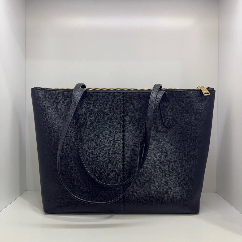 Coach Solid Leather Zip Top Tote Shoulder Handbag For Women