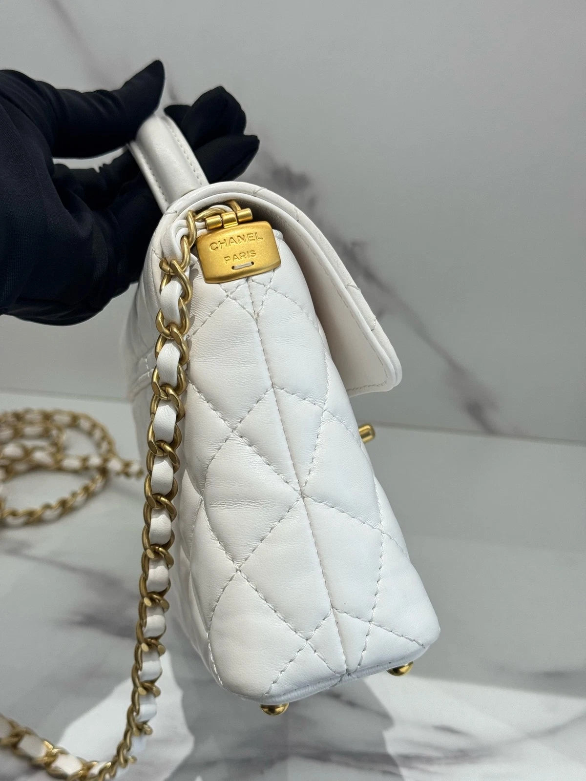 CHANEL Kelly Small Lambskin Flap Top Handle Bag White Gold Women