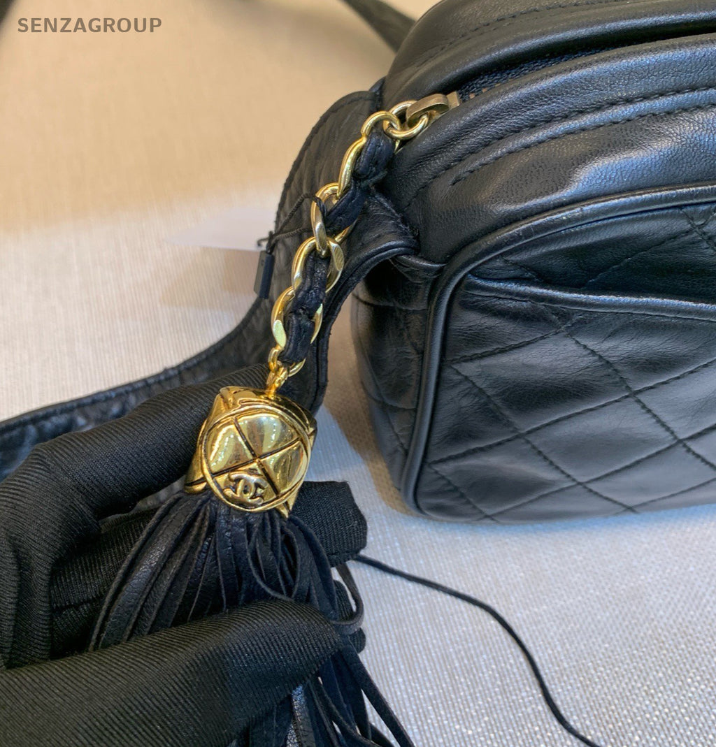 Chanel Diamond Tassel Shoulder Bag Black Gold Used Women Classic Designer