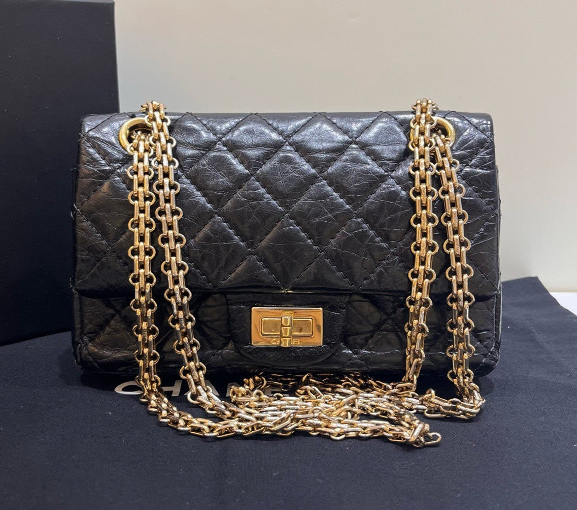 Chanel Calfskin 2.55 Mini Chain Shoulder Bag Black Gold Women Classic Diamond