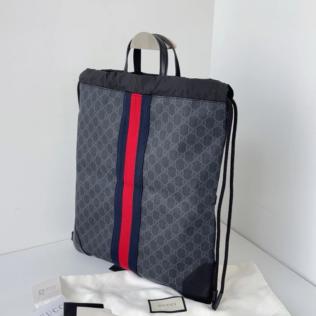 Excellent Gucci Black Monogram Drawstring Satchel Bag Handbag Backpack