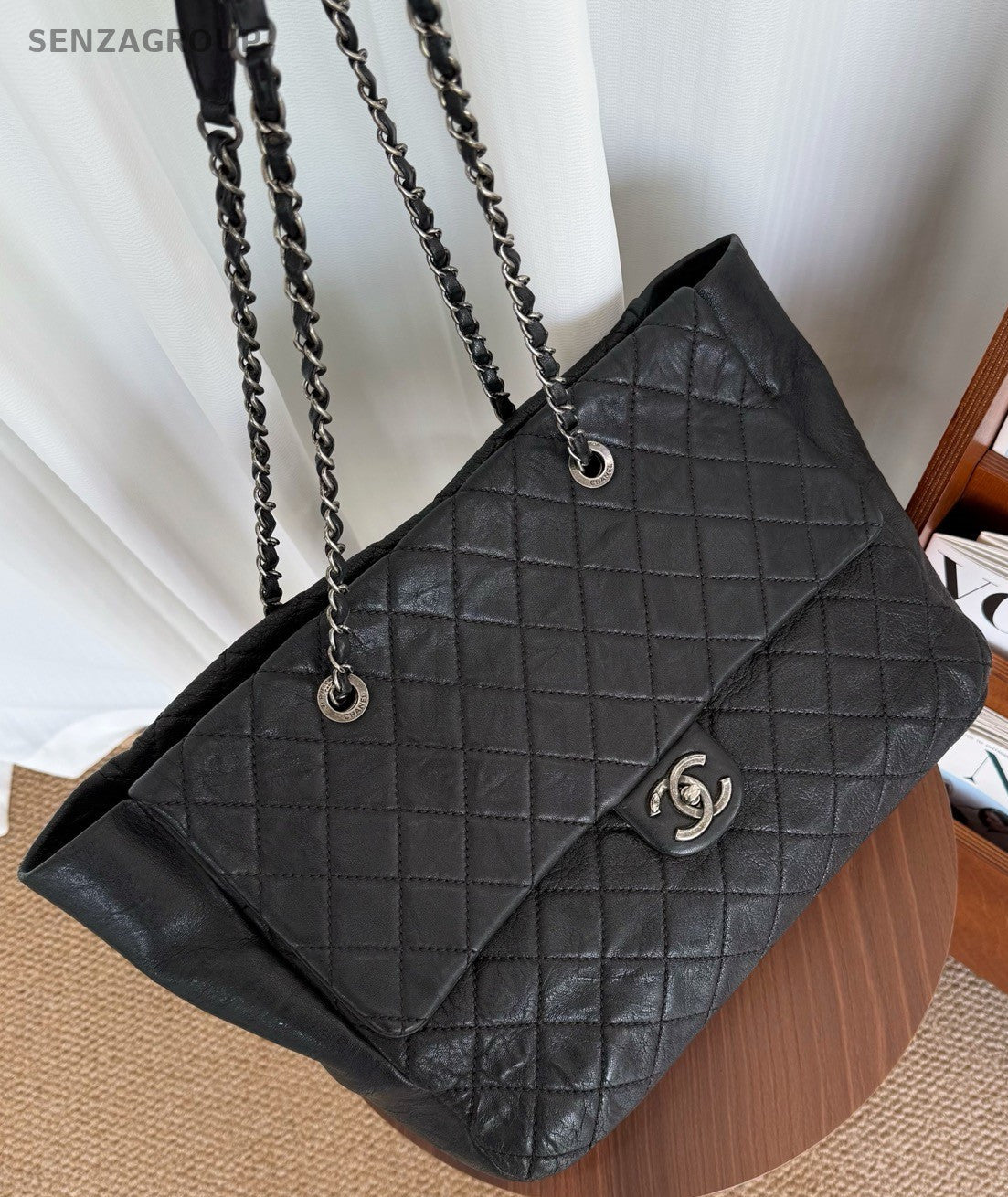 CHANEL Classic Flap Tote Calfskin Chain Shoulder bag Black Silver Women Handbag