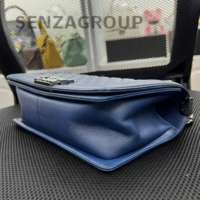 Chanel Le Boy Medium Blue Silver Calfskin Chain Shoulder Bag Classic