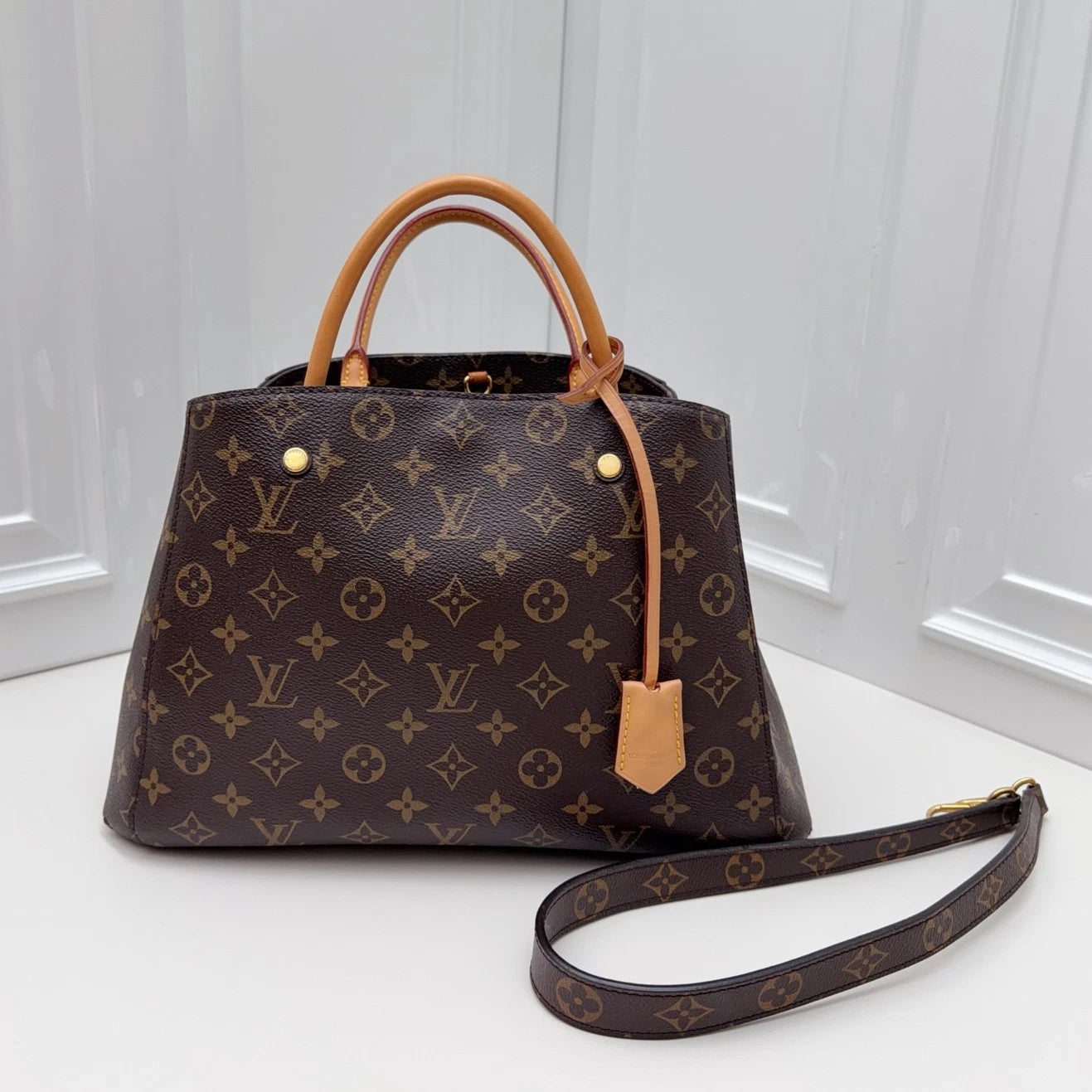 Louis Vuitton Montaigne MM Top Handle Shoulder Crossbody Brown Gold Used Women