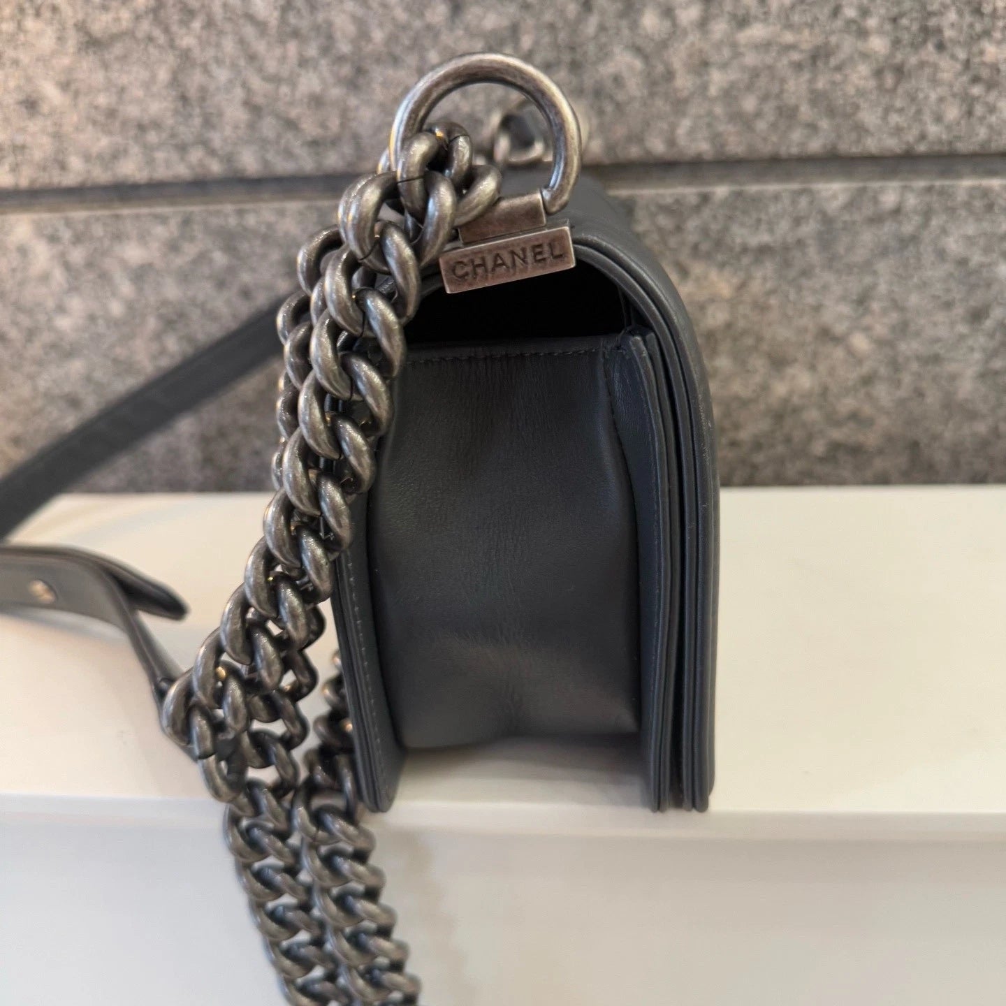 CHANEL Gray Calfskin Chevron LeBoy Small Shoulder Bag For Women