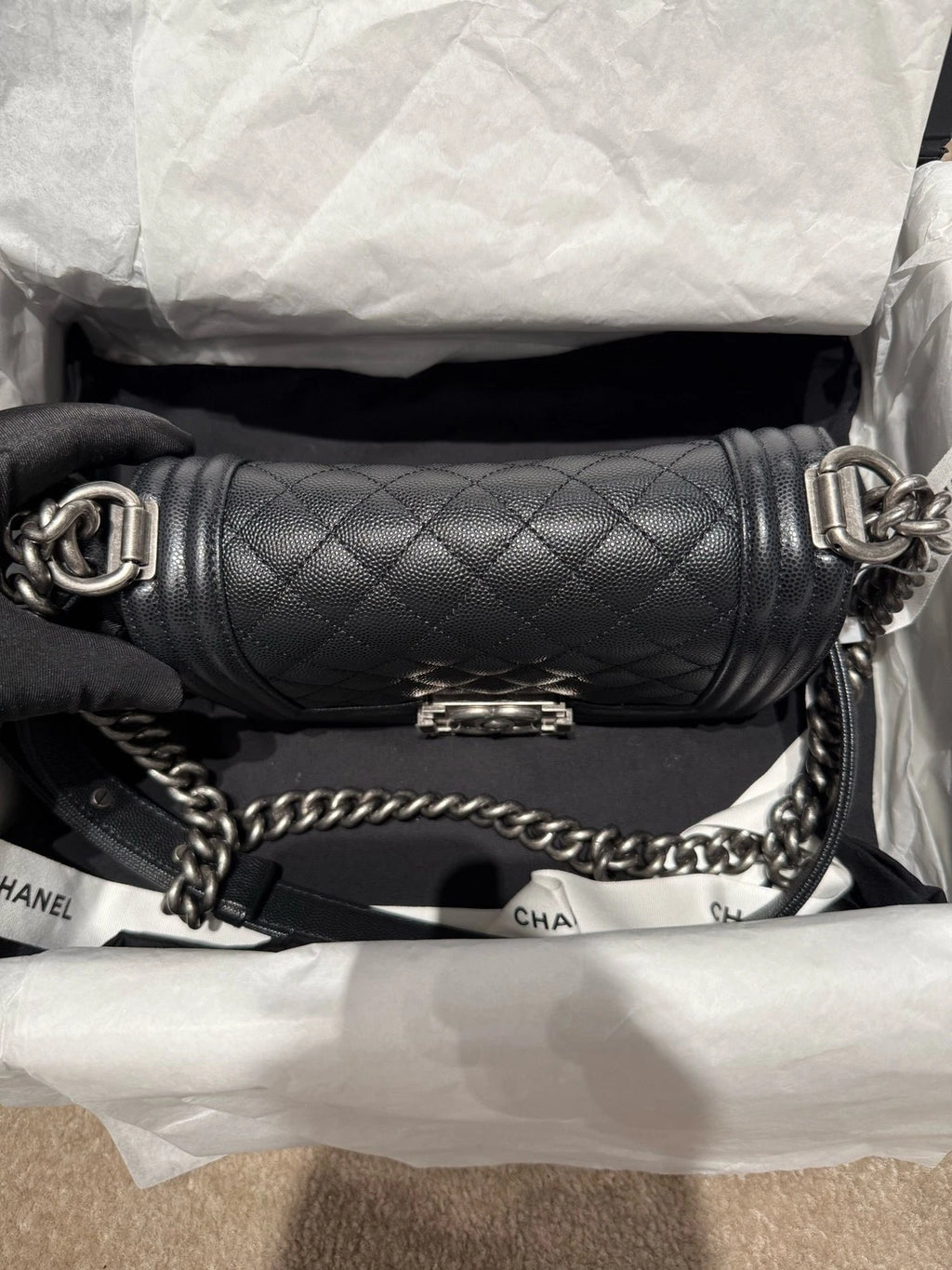 Chanel LeBoy Black Silver Leather Small Shoulder Bag For Women