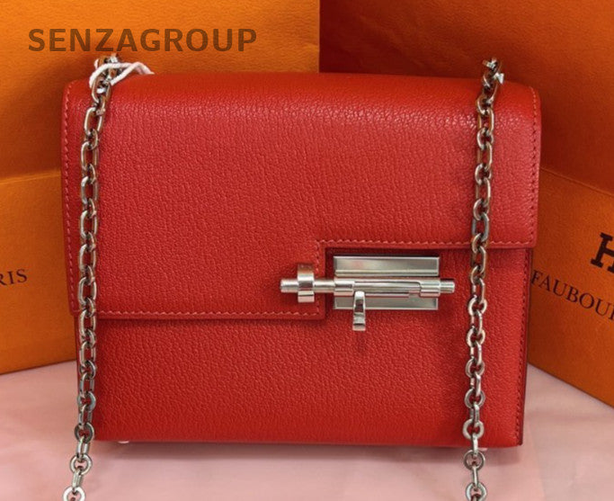 Hermes Verrou Mini Chain Shoulder Bag Crossbody Red Silver Women Classic