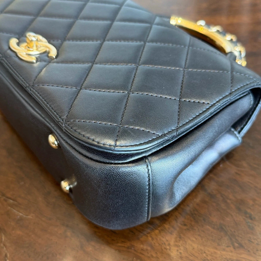 Chanel Diamond Handle Bag Chain Top Handle Crossbody Black Gold Excellent