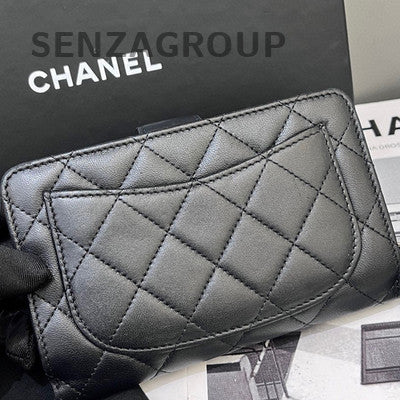 Chanel Black Silver Lambskin Quilted Wallet on Chain WOC
