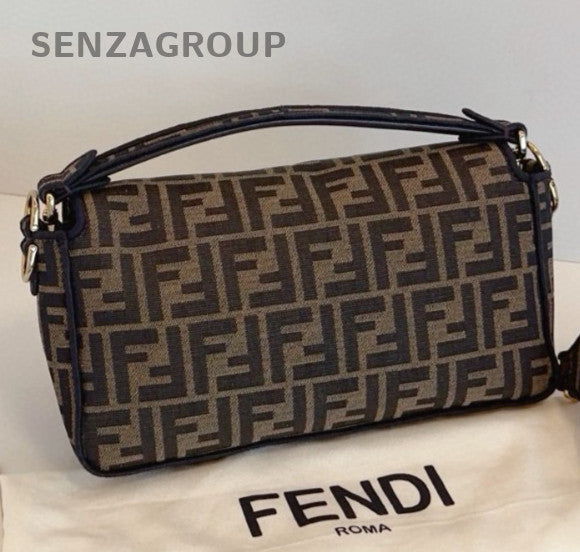 Fendi Baguette MM Top Handle Bag Crossbody Brown Gold Women Classic Designer